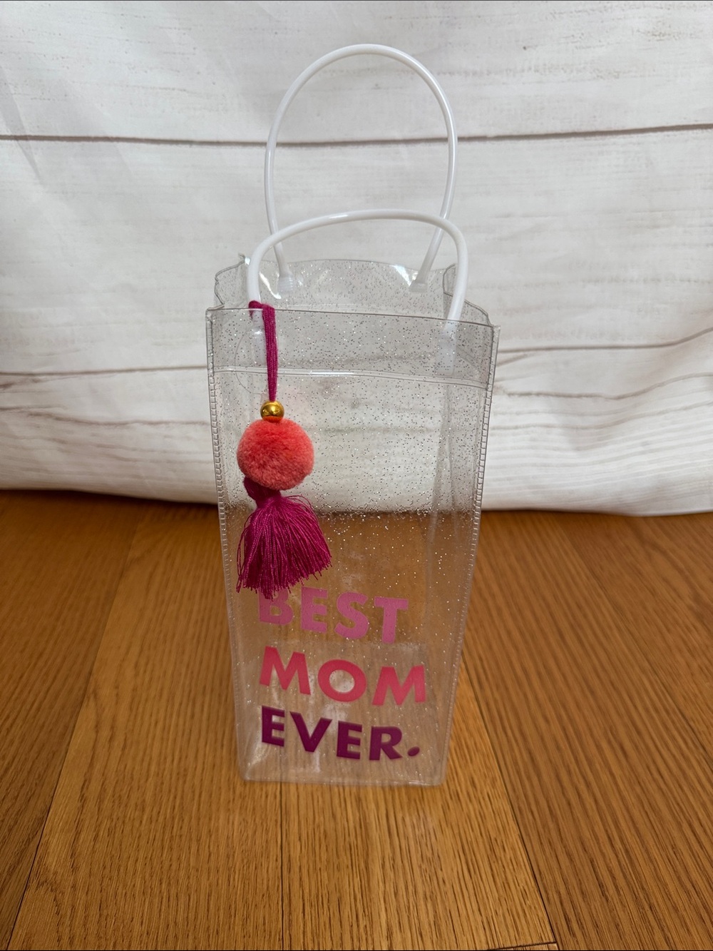 Clear Glitter Vinyl Gift Bag with Pink 'Best Mom Ever' saying- Mother's Day
